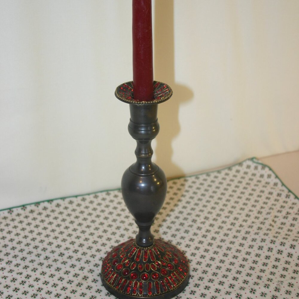 Tall Bronze Candle Stick w/Red Stones B-221
